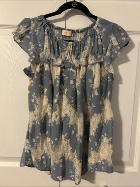Woman’s Dusty Blue Floral Lace-Overlay Blouse by Hailey & Co. Boutique Blouse.